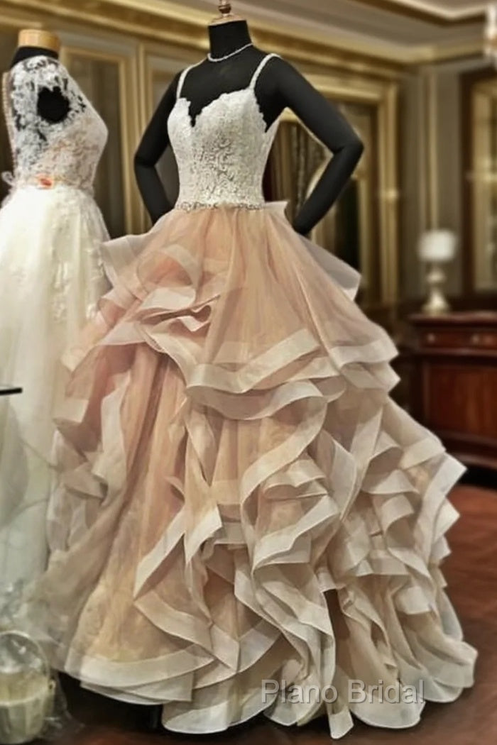 V Neck Organza Ruffles Champagne Wedding Dresses Ball Gown Ivory Lace Appliques Main image