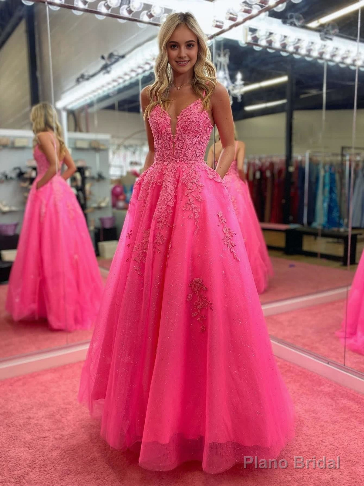 V Neck Pink A Line Lace Long Prom Dress Main image