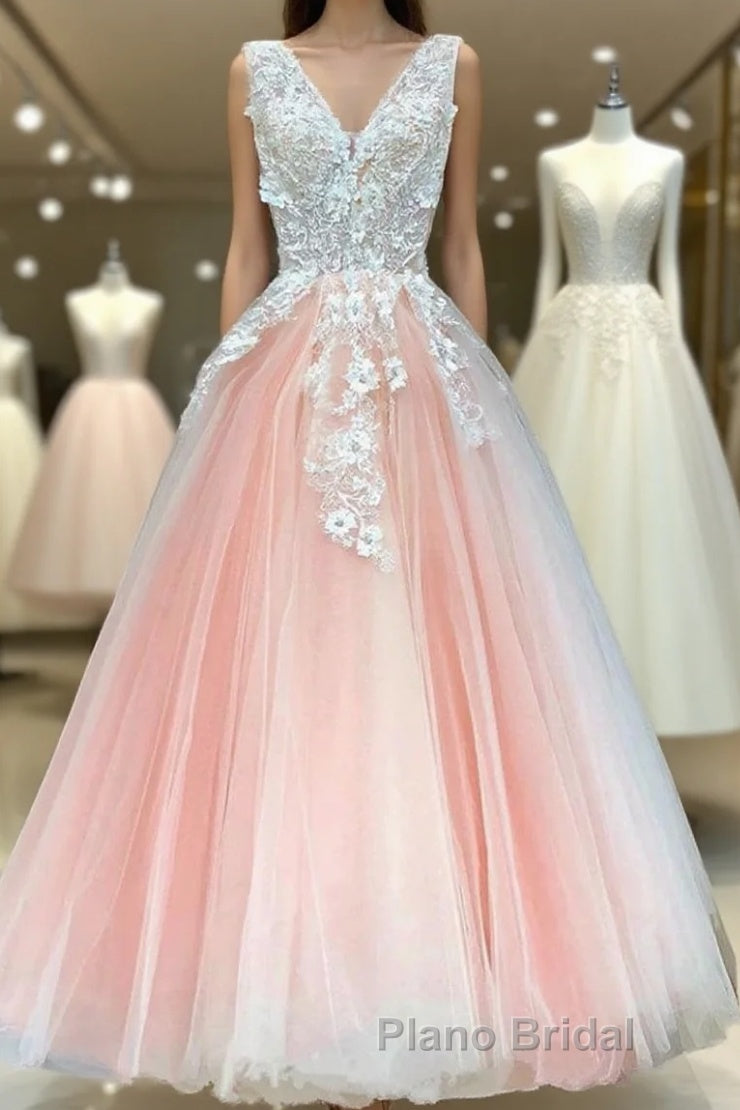 V Neck Pink Lace Appliques Long Sweet 16 Formal Prom Dress, Pink Lace Formal Dress, Pink Evening Dress Main image