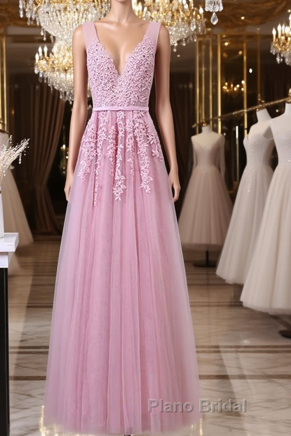V Neck Pink Lace Formal Prom Dresses, Pink V Neck Lace Bridesmaid Formal Dresses Main image