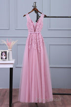 V Neck Pink Lace Formal Prom Dresses, Pink V Neck Lace Bridesmaid Formal Dresses