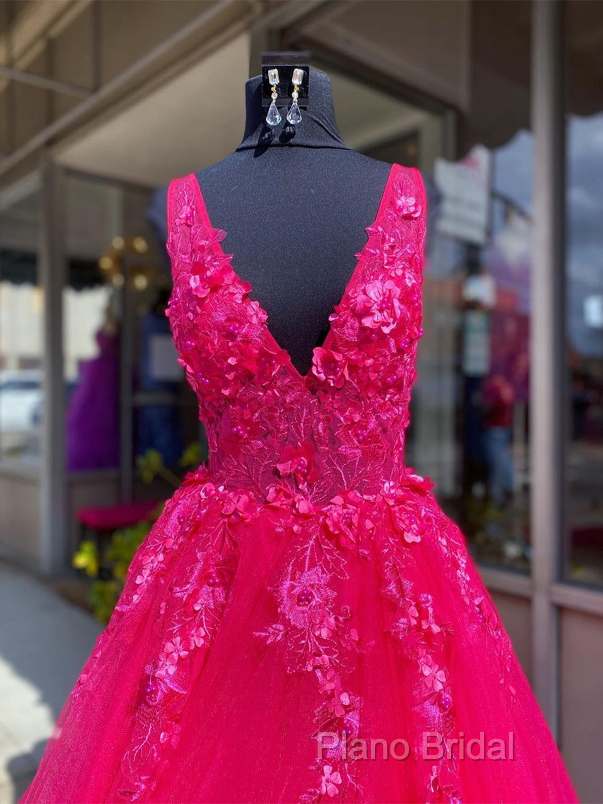 V Neck Pink Lace Formal Prom Dresses, Pink V Neck Long Lace Formal Dresses Secondary image