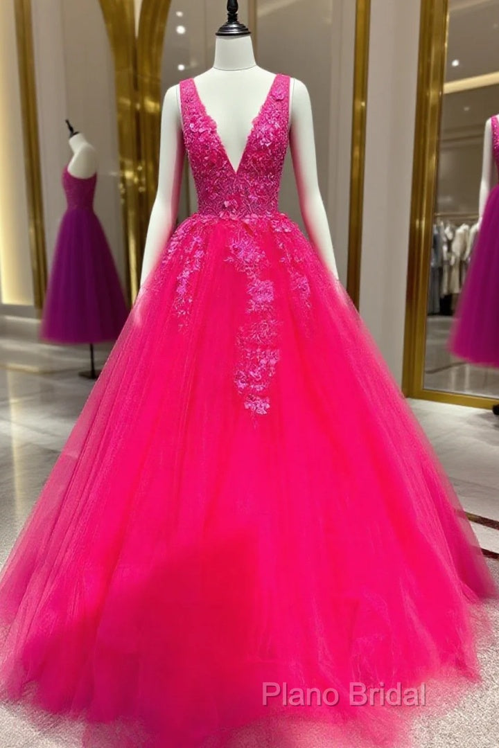 V Neck Pink Lace Formal Prom Dresses, Pink V Neck Long Lace Formal Dresses Main image