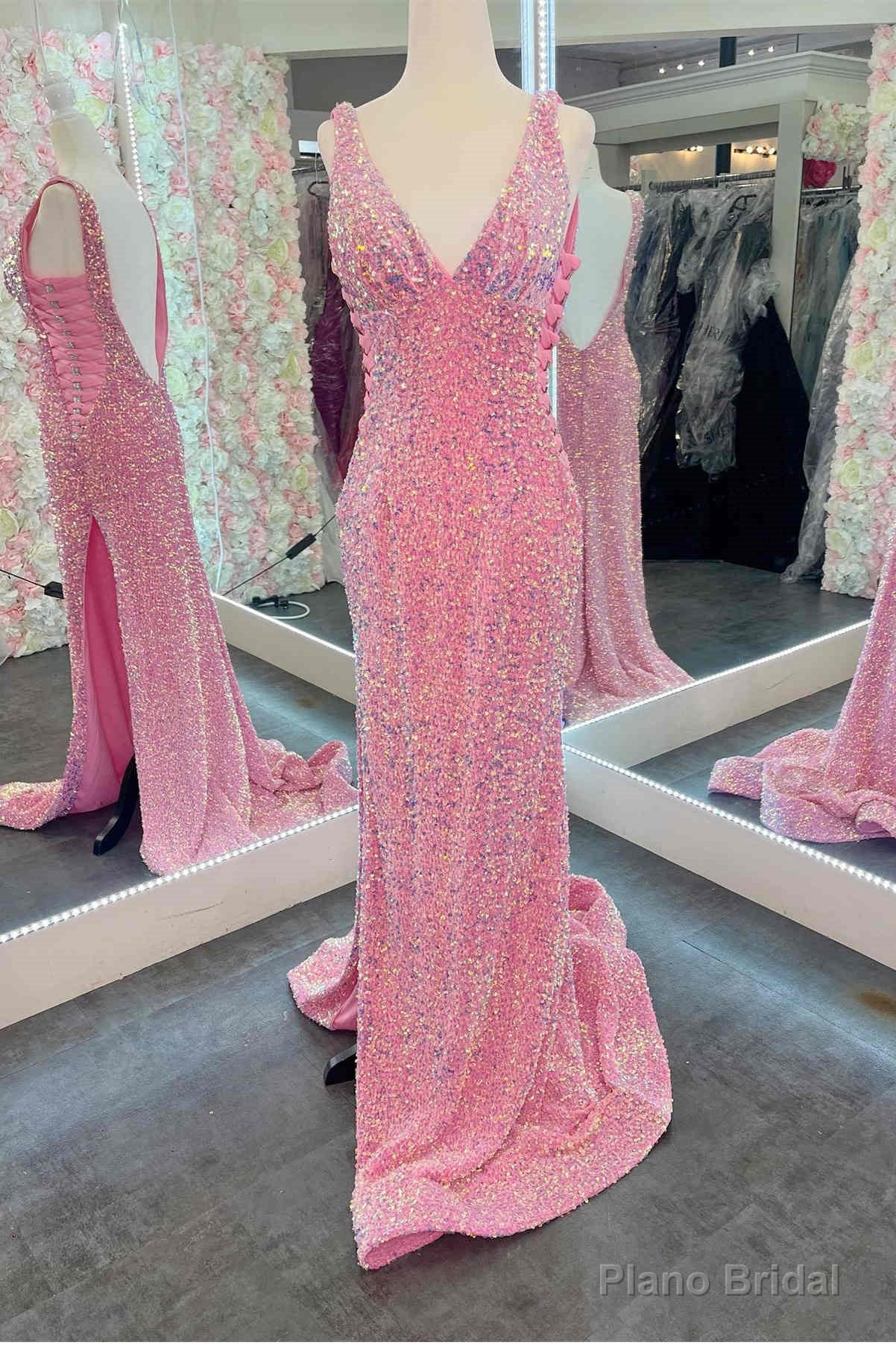 V-Neck Pink Sequin Long Prom Dress with Slit Main image