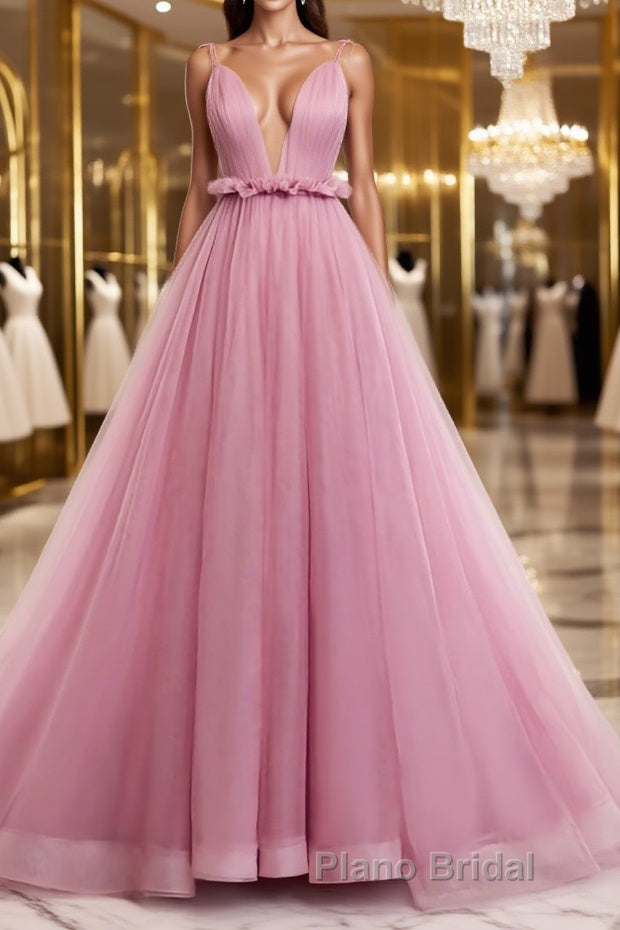 V Neck Pink Tulle Formal Prom Dresses with Train, Pink Long Formal Evening Graduation Dresses