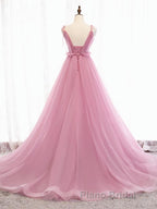 V Neck Pink Tulle Formal Prom Dresses with Train, Pink Long Formal Evening Graduation Dresses