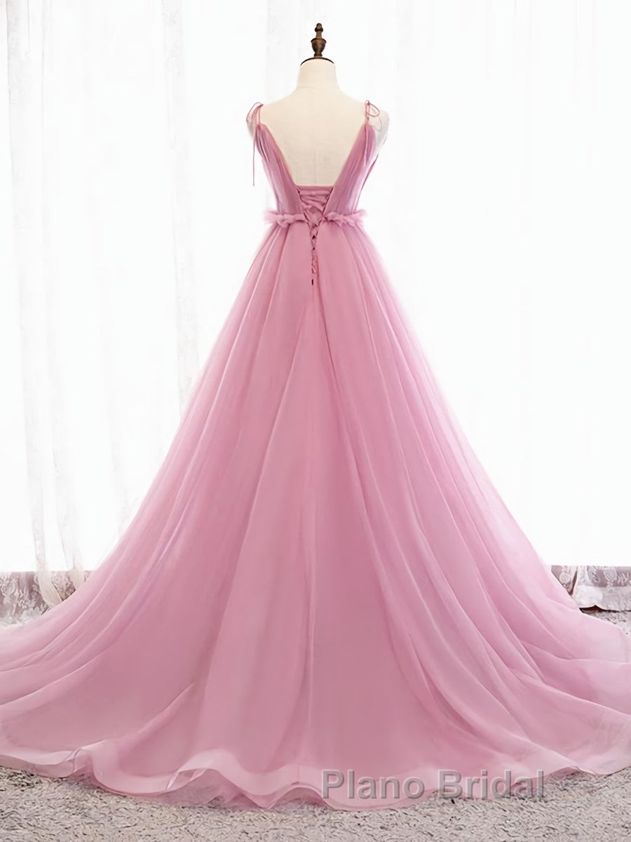 V Neck Pink Tulle Formal Prom Dresses with Train, Pink Long Formal Evening Graduation Dresses