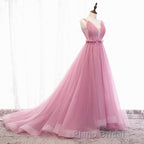 V Neck Pink Tulle Formal Prom Dresses with Train, Pink Long Formal Evening Graduation Dresses