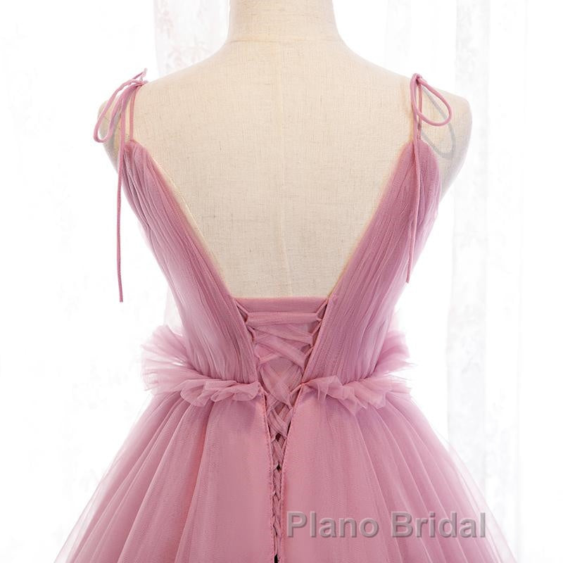 V Neck Pink Tulle Formal Prom Dresses with Train, Pink Long Formal Evening Graduation Dresses