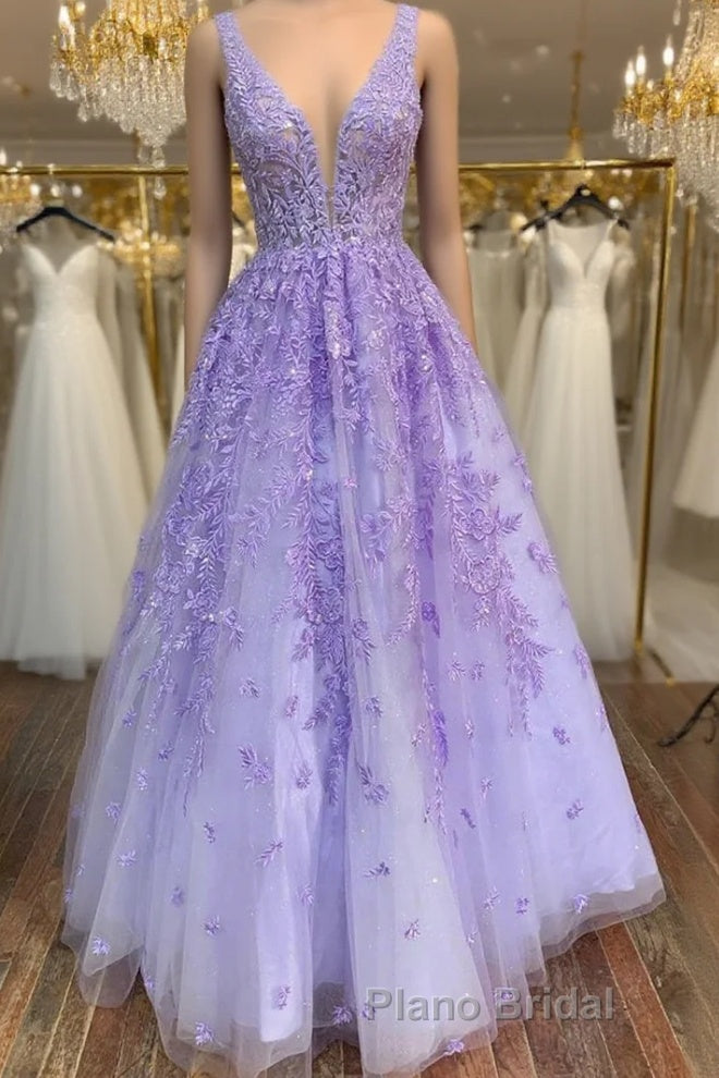 V Neck Purple Lace Long Formal Prom Dress, Long Purple Lace Formal Dress, Lilac Lace Evening Dress Main image