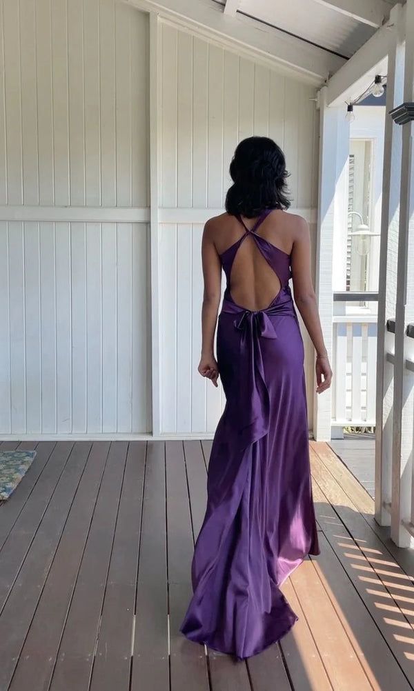 V-Neck Purple Satin And Floor Length Formal Prom Dresses Formal Evening Gown Secondary image