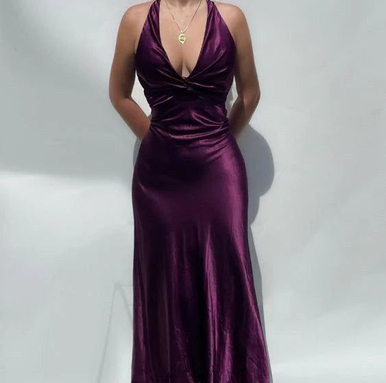 V-Neck Purple Satin And Floor Length Formal Prom Dresses Formal Evening Gown