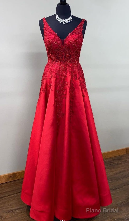 V-neck Red Long Prom Dress with Lace and Beading Main image