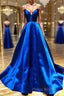 V Neck Royal Blue Backless Formal Prom Dresses, Royal Blue Backless Formal Graduation Evening Dresses