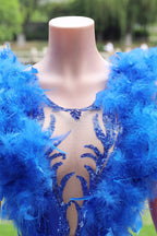 V-Neck Royal Blue Feathers Sparkle Sequin Sleeveless Prom Dresses