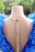 V-Neck Royal Blue Feathers Sparkle Sequin Sleeveless Prom Dresses