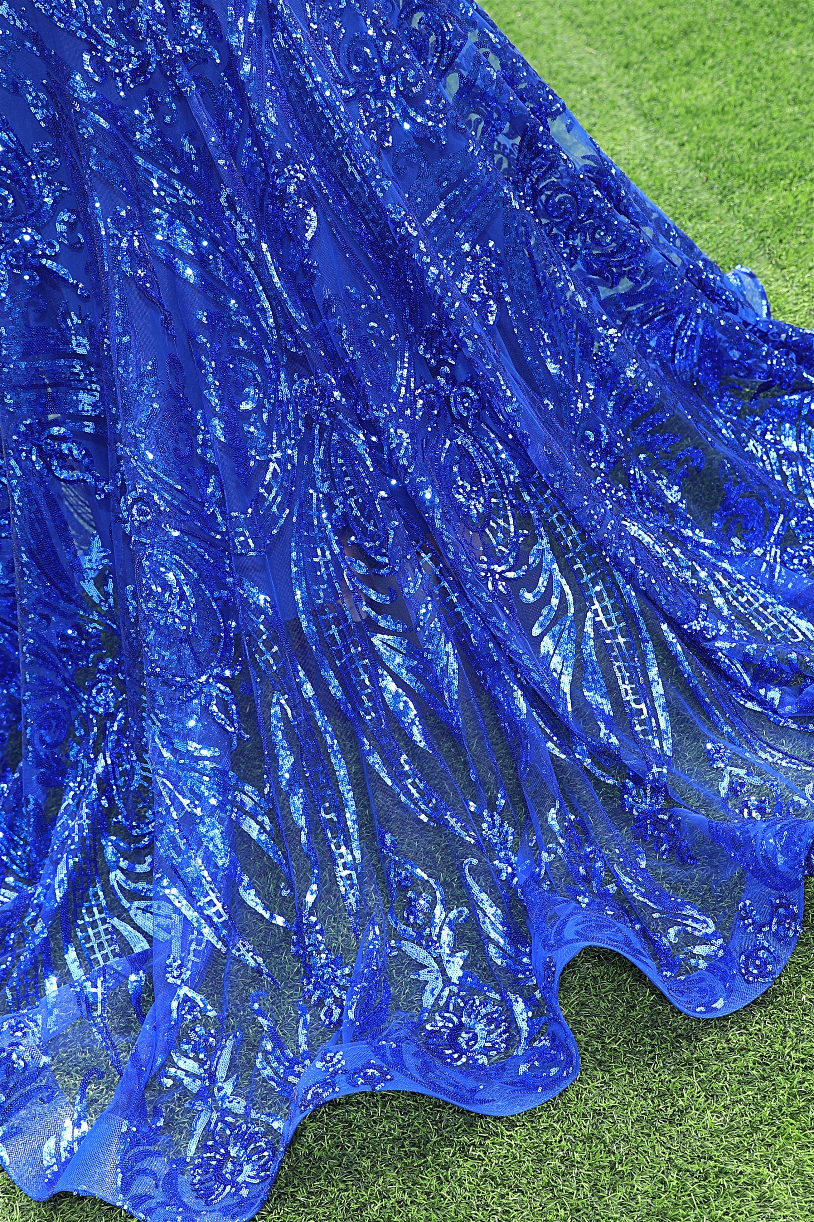 V-Neck Royal Blue Feathers Sparkle Sequin Sleeveless Prom Dresses