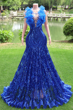 V-Neck Royal Blue Feathers Sparkle Sequin Sleeveless Prom Dresses