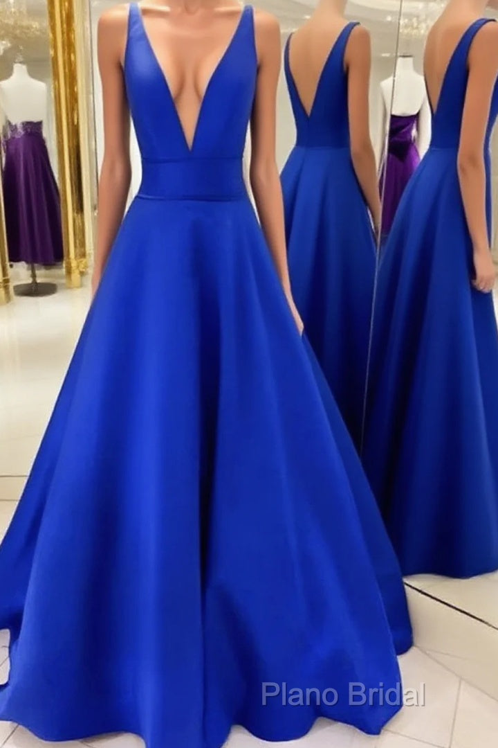 V Neck Royal Blue Satin Formal Prom Dresses, Royal Blue Satin Formal Bridesmaid Dresses Main image