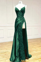 V Neck Satin Lace Long Formal Prom Dresses, Lace Long Formal Evening Dresses
