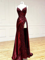 V Neck Satin Lace Long Formal Prom Dresses, Lace Long Formal Evening Dresses