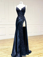 V Neck Satin Lace Long Formal Prom Dresses, Lace Long Formal Evening Dresses