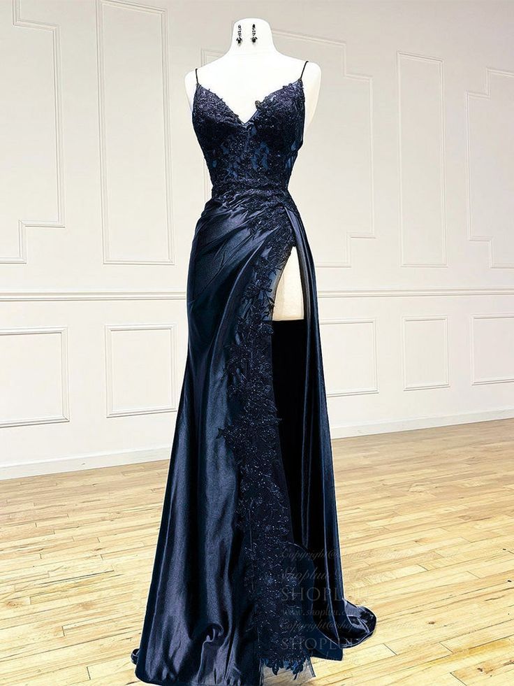 V Neck Satin Lace Long Formal Prom Dresses, Lace Long Formal Evening Dresses