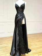 V Neck Satin Lace Long Formal Prom Dresses, Lace Long Formal Evening Dresses