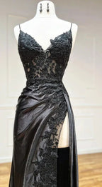 V Neck Satin Lace Long Formal Prom Dresses, Lace Long Formal Evening Dresses
