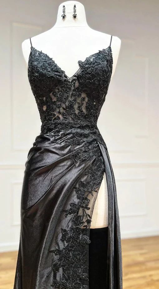 V Neck Satin Lace Long Formal Prom Dresses, Lace Long Formal Evening Dresses