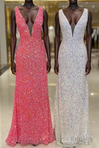 V neck Sequin Mermaid Long Formal Prom Dresses,Prom Dresses