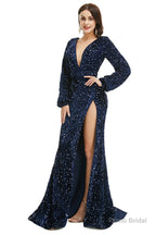 V-Neck Sequins Long Sleeve Side Split Formal Evening Dresses
