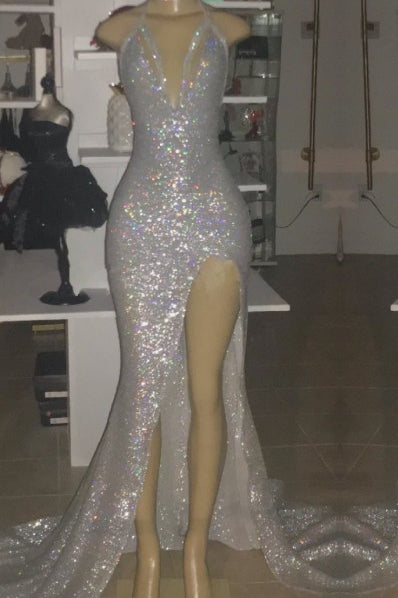 V-Neck Sequins Mermaid Front Slit Floor Length Prom Dresses Main image