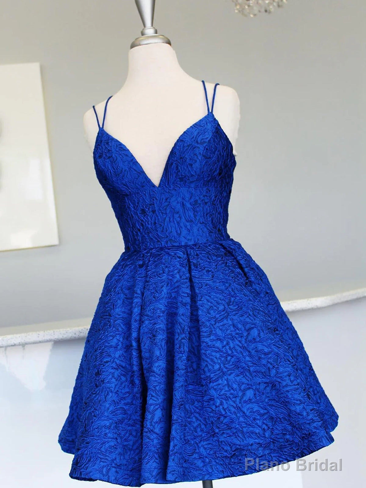V Neck Short Backless Blue Lace Prom Dresses, Open Back Short Blue Lace Formal Homecoming Dresses Main image