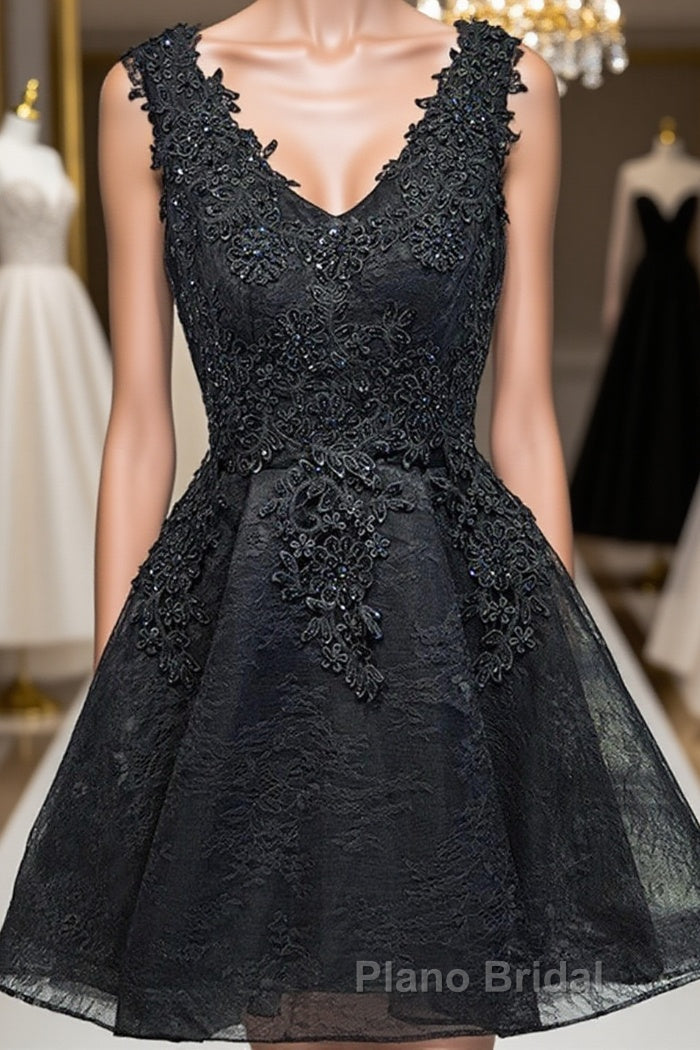 V Neck Short Black Lace Formal Prom Dresses, Black Lace Homecoming Dresses, Short Black Formal Evening Dresses Main image