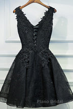 V Neck Short Black Lace Formal Prom Dresses, Black Lace Homecoming Dresses, Short Black Formal Evening Dresses