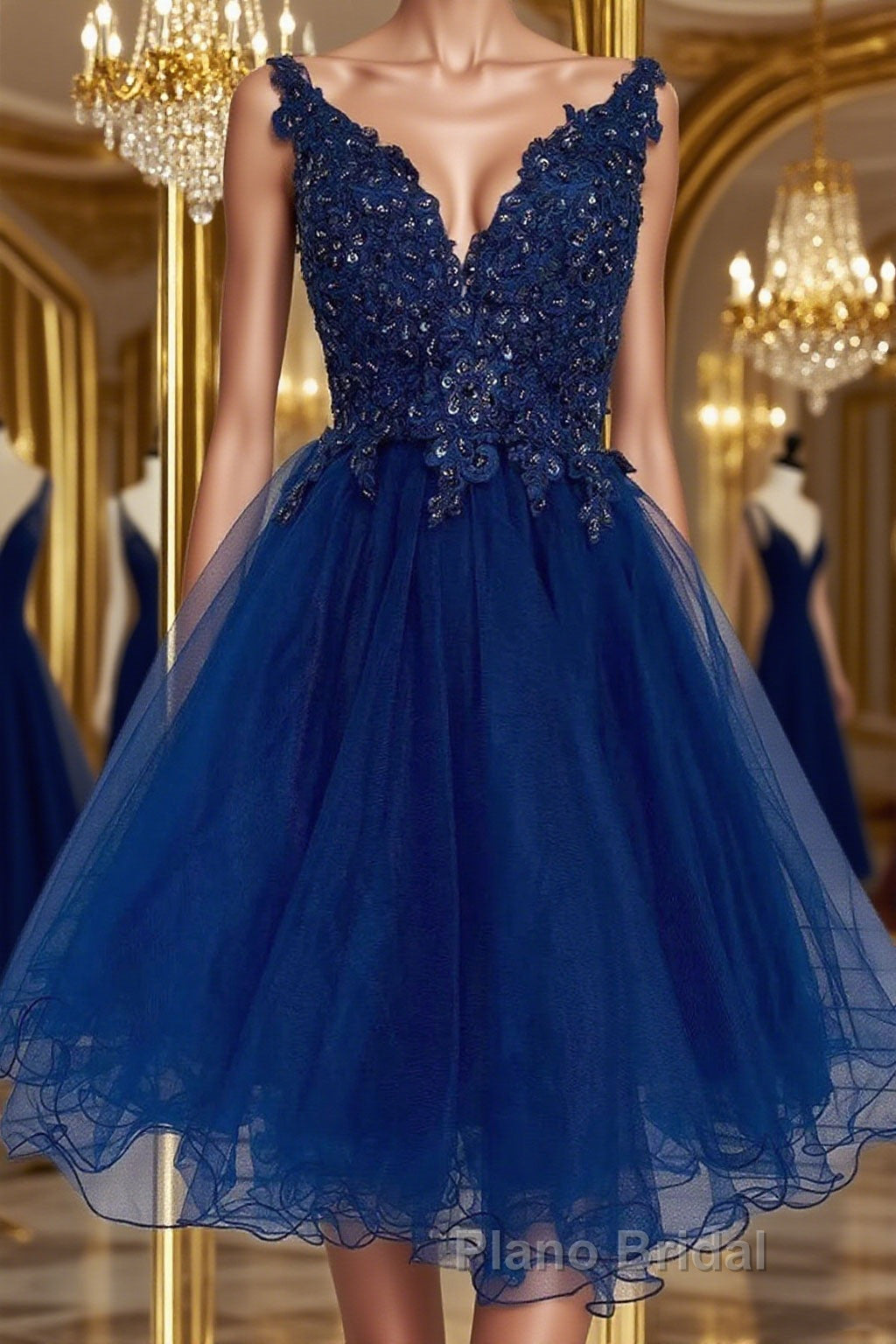 V Neck Short Blue Lace Formal Prom Dress, Blue Lace Homecoming Dress, Short Blue Formal Graduation Evening Dress Main image