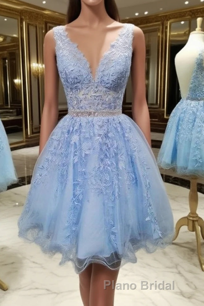V Neck Short Blue Lace Formal Prom Dresses, Short Blue Lace Formal Homecoming Dresses Main image