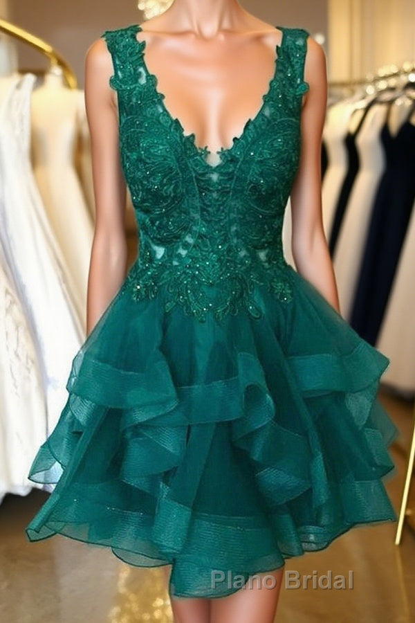 V Neck Short Green Lace Formal Prom Dresses, Short Green Lace Graduation Homecoming Dresses Main image