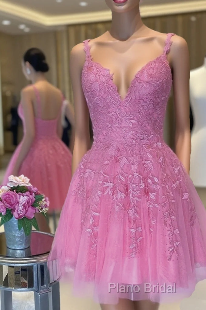 V Neck Short Pink Lace Formal Prom Dresses, V Neck Pink Lace Formal Graduation Dresses