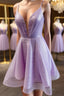 V Neck Short Purple Formal Prom Dresses, Short V Neck Purple Formal Homecoming Dresses