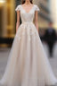 V Neck Short Sleeves Wedding Dresses Lace Applique Floor Length Tulle Bridal Gowns