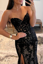 V-Neck Sleeveless Appliques Sheath High Slit Prom Dress
