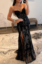 V-Neck Sleeveless Appliques Sheath High Slit Prom Dress