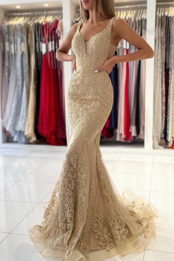 V-Neck Sleeveless Mermaid Evening Dress With Gold Appliques Main image