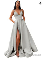 V-Neck Slit Satin Long Prom Dress Spaghetti Strap Evening Ball Gown with Pockets