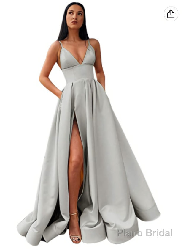 V-Neck Slit Satin Long Prom Dress Spaghetti Strap Evening Ball Gown with Pockets