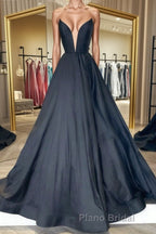 V Neck Strapless Black Satin Long Formal Prom Dresses, Strapless Black Formal Dresses, Long Black Evening Dresses
