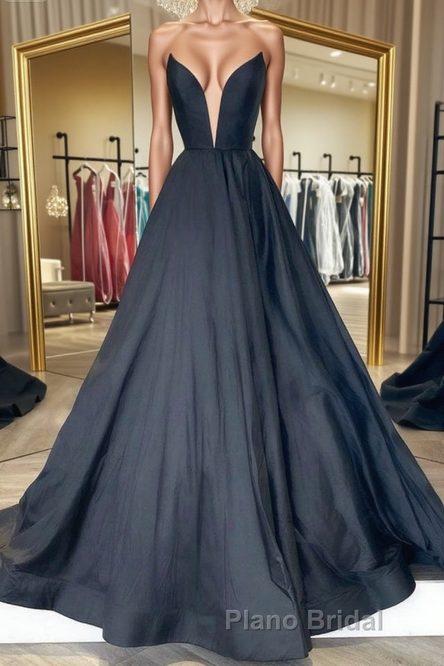 V Neck Strapless Black Satin Long Formal Prom Dresses, Strapless Black Formal Dresses, Long Black Evening Dresses