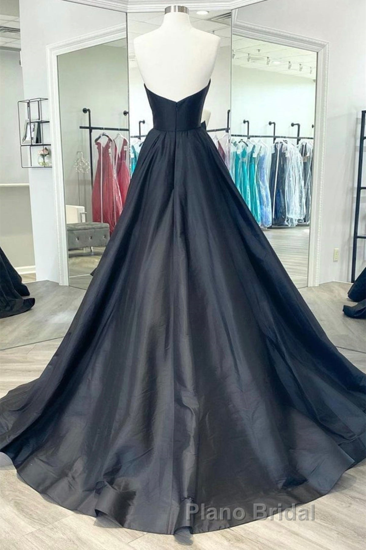 V Neck Strapless Black Satin Long Formal Prom Dresses, Strapless Black Formal Dresses, Long Black Evening Dresses Secondary image